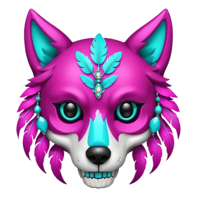 Glittery magenta hollow wolf-skull with cyan feathers sticker
