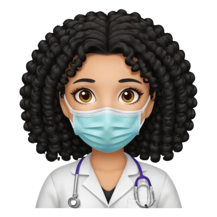 a pretty tan bratz girl with black curly hair. no makeup, looking sick, wearing a mask sticker