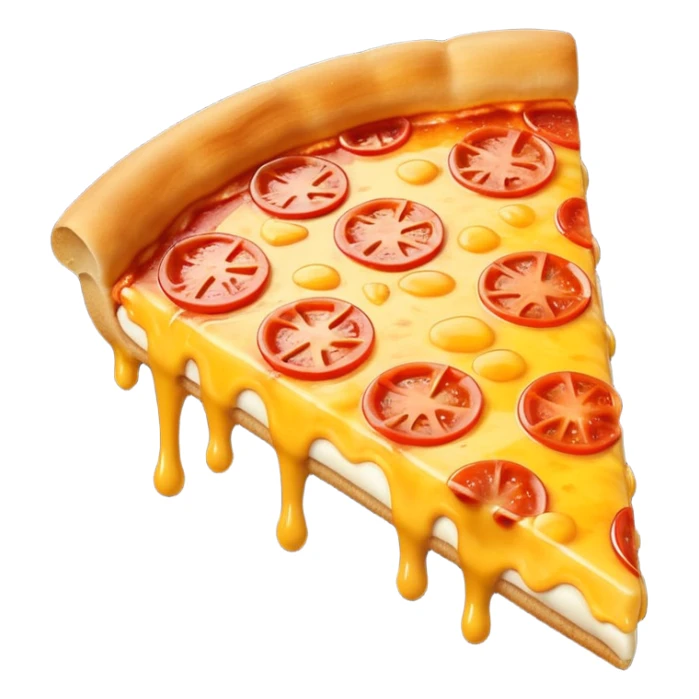 A cute 3D emoji-style pizza slice with glossy finish, thick melted cheese, golden crust, vibrant toppings, smooth cartoon design, soft lighting, clean background, high-quality modern emoji look. sticker