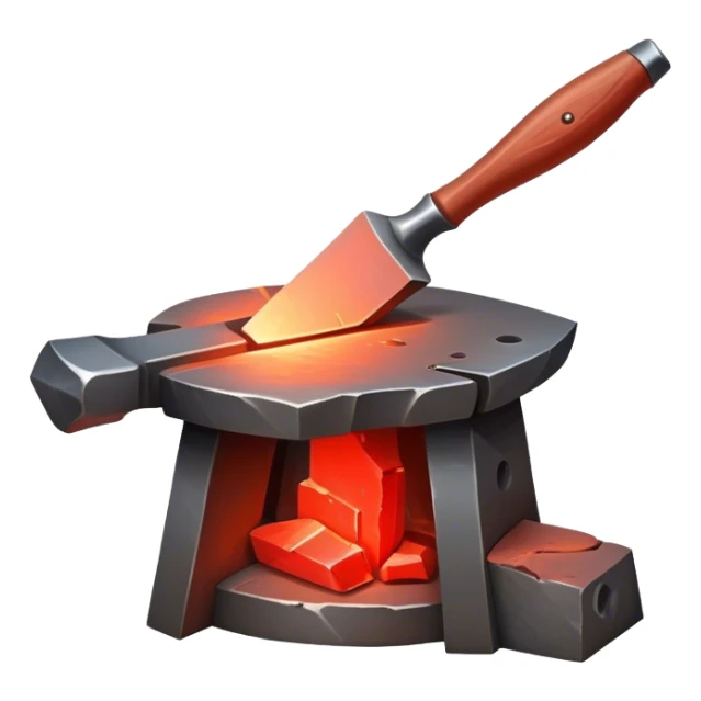 Blacksmithing icon, forged metal piece being shaped with hammer and anvil, glowing red-hot metal, blacksmith tools like tongs and chisel, sparks flying, minimalistic style, clean lines, transparent background. sticker
