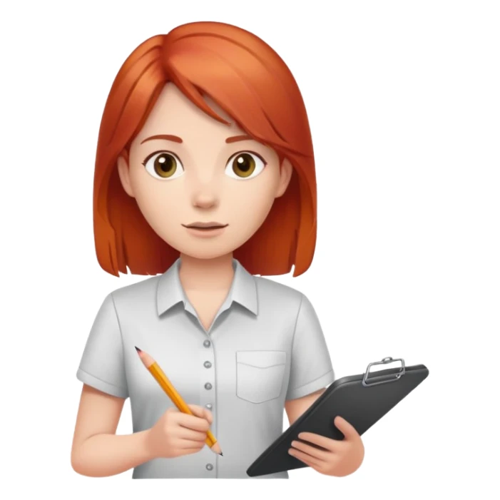 Intern or volunteer red hair holding a clipboard and pencil, ready to take notes or assist. The character wears a simple shirt and has an eager posture sticker