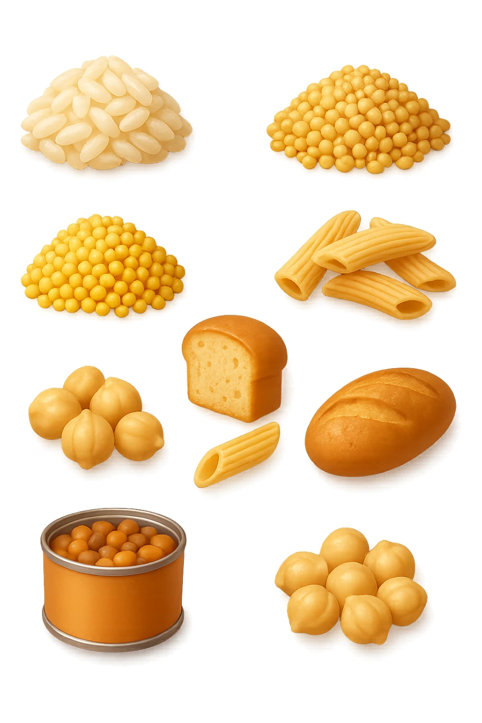 emoji stile iphone 3d di questi elementi che fluttuano in aria:

Riso, quinoa, avena, miglio, couscous senza glutine
Pasta e pane gluten-free
Farro a lievitazione lunga
Lenticchie e ceci in scatola

 che fluttuano in aria, iperealistico 4k sticker