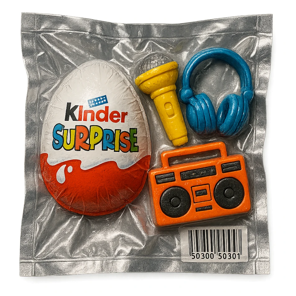 Kinder Surprise egg with standard wrapper next to toys: microphone, boombox, headphones, glossy vacuum-sealed style sticker