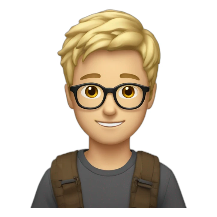 a 17 years old boy with short blonde hair and rectangle glasses and he have a kinder country  sticker