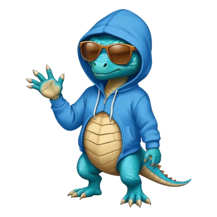 blue reptile with human like body, wearing a hoodie and sunglasses sticker