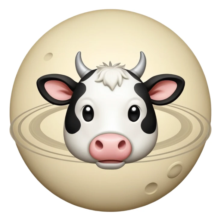 Cartoon cow face on one side of planet Saturn, with the planetary rings around the middle and tiny cow legs sticking out from the bottom sticker