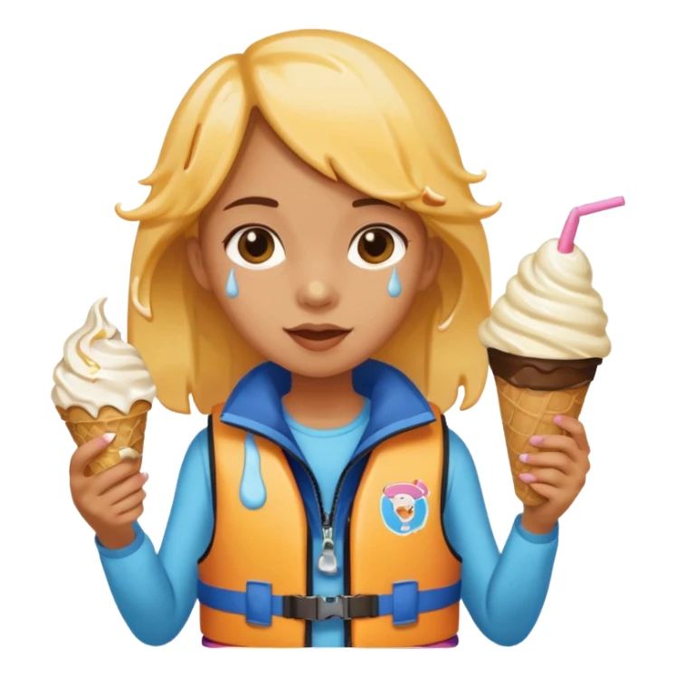girl kid wearing lifejacket, holding ice cream sticker