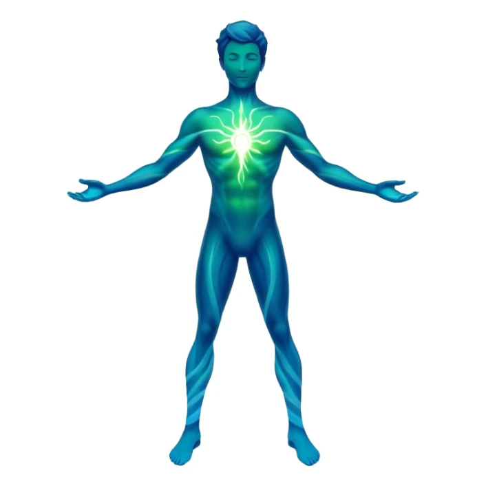 Masculine silhouette formed by radiating ethereal energy waves, abstract flowing aura in shape of man, minimalist sticker