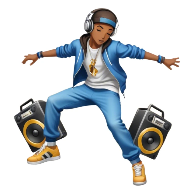 Icon for Street Dance: a dancer in urban streetwear performing a dynamic lower breakdance move, with a spray-painted background, headphones, and a boombox on the asphalt. The icon should capture the energy, style, and creativity of street dance culture. Transparent background. sticker