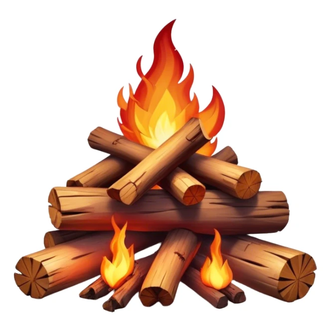 Cinematic Realistic Campfire, a roaring flame crackling atop carefully arranged logs, embers glowing deep red, golden light casting soft flickering shadows, gentle smoke drifting upwards, glowing with warmth and coziness. sticker