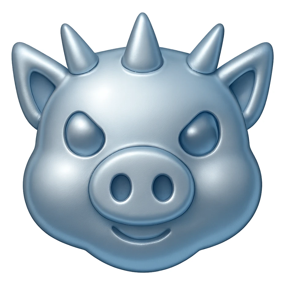 Make the pig mask much cuter with a completely metallic texture that is shiny and reflective. Keep the spikes but make them less menacing. Preserve the transparent background. sticker