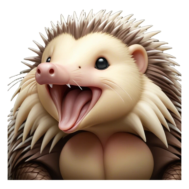Cinematic Cute Yawning Echidna Portrait Emoji, Head tilted slightly with a dramatic, wide-open yawn, showcasing a soft, downy spiky fur with a slightly drooping snout and small, drowsy eyes, Simplified yet irresistibly adorable features, highly detailed, glowing with a soft, cozy glow, high shine, relaxed yet expressive, stylized with a touch of prickly whimsy, bright and endearing, soft glowing outline, capturing the essence of a sleepy yet affectionate echidna, so drowsy it feels like it could curl up out of the screen for a nap! sticker