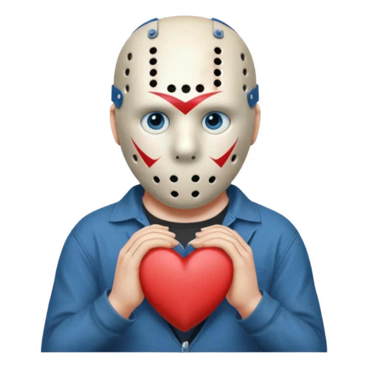 a cartoon image of Jason Voorhees, looking cute, with his hands clasped in front of him, at a sideways angle, looks like he is in love sticker