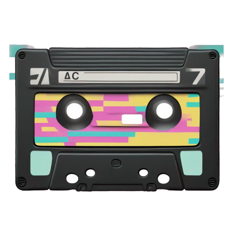 A VHS cassette in black with a retro label featuring pink, teal, and yellow diagonal stripes. Add a handwritten "Home Movies" label and a glowing grid background.   sticker