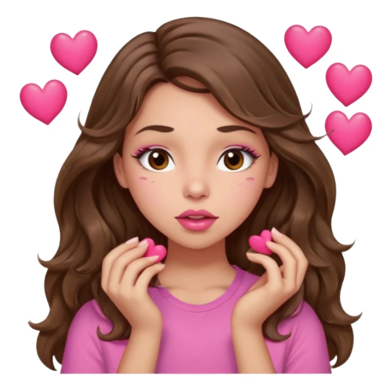 girl with long wavy brown hair, brown eyes, light to medium complexion, in a pink shirt, pink lips, long lashes, puckering lips kissing, blushing with hearts sticker