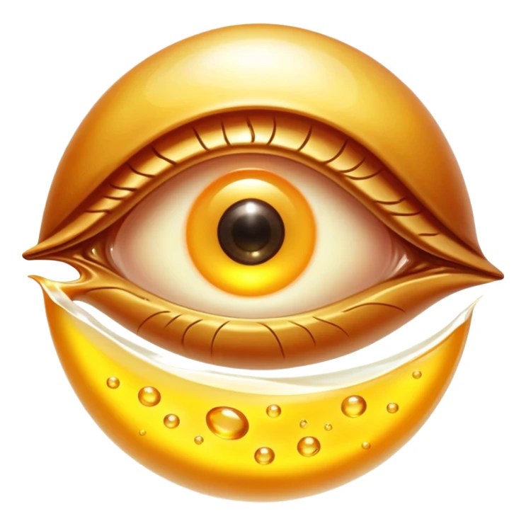 Glowing liver, bright egg yolks, and cod liver oil floating around an ethereal eye that emits golden light. The foods radiate warm amber rays representing vitamin A (retinol) content and its benefits for vision and skin health. sticker