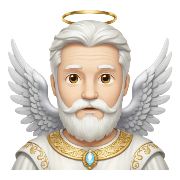 Ancient god with white angel wings spread wide, silver-white hair, beard and mustache, ornate gold earrings dangling from both ears sticker