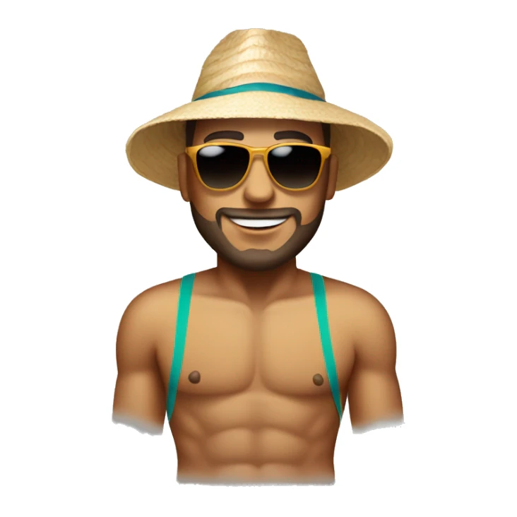 Man wearing sunglasses and beach hat and a swimsuit sticker