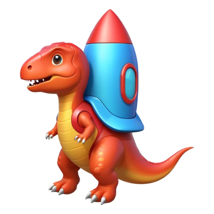cute toy-like rocket-propelled dinosaur, rounded shapes, glossy texture, colorful rocket backpack, happy expression, 3D cartoon, mobile game icon style, clean background, no text, no watermark
 sticker