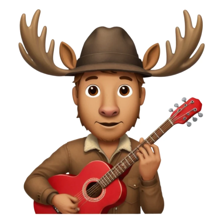 A man with a moose head in alaska pointing a red guitar directly up in the air. Make the graphics gritty and realistic like the moose man is a villian in a high budget batman movie. It needs to be 100 times more dark themed and realistic. Like your batman characters  sticker