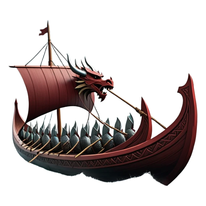 detailed-cinematic-viking-longboat, rendered in a flat, bold vector style with minimal shading, featuring a striking dragon-headed prow slicing through waters. shields on the side and vikings rowing The longboat’s, the boat has carved motifs evoke a sense of epic adventure and Nordic might, with billowing sails catching a dramatic, stormy sky backdrop. sticker