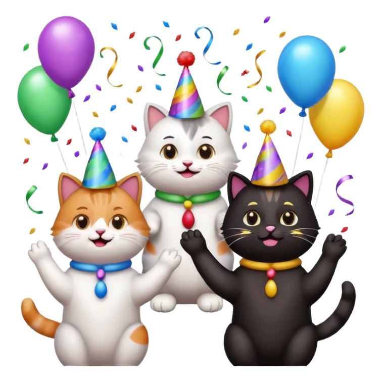 five cats cheering and clapping for one cat, birthday party scene, emoji style sticker