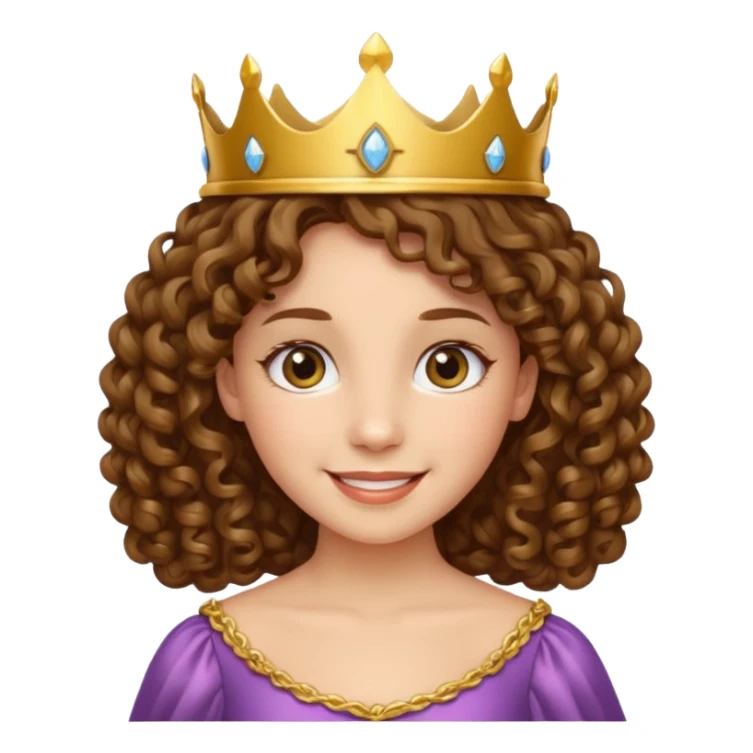 Princess with curly brown hair, small crown sticker