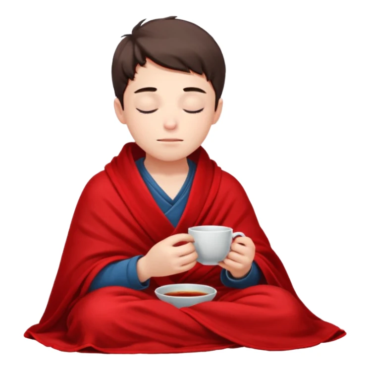 A European boy is sitting comfortably under a blanket, wrapped in a red blanket, drinking tea with his eyes closed. sticker
