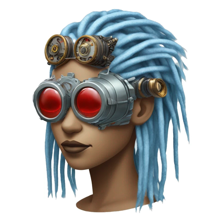 Light blue long dreadlocks female cyborg head with red steampunk goggles and circuits sticker