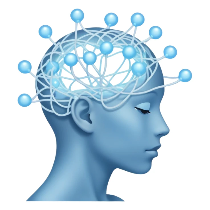 elegant human silhouette with delicate interconnected lines and floating orbs, luminous cores at head and heart, soft white-blue light sticker