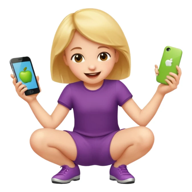 happy child dancing with a phone, crouching low, apple style emoji sticker