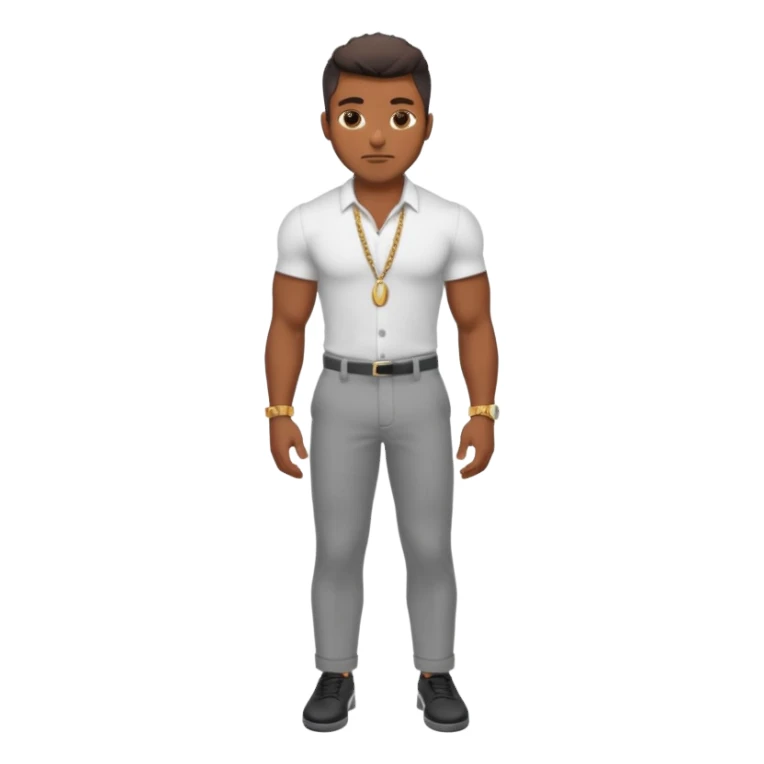 Handsome Black guy with brown skin tone, with lean muscular build, wearing gray slacks, a white button up top, black shoes, and a small gold chain sticker