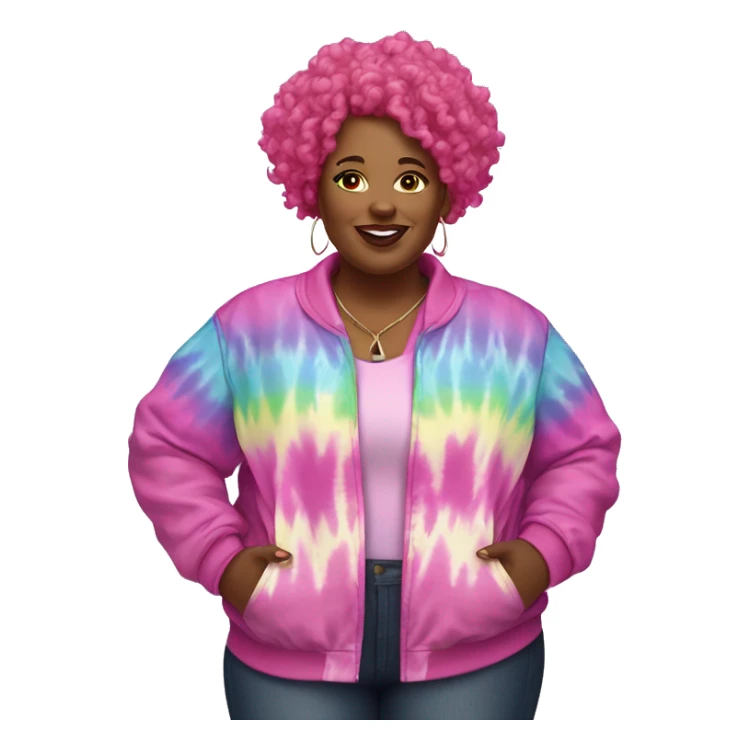 Plus size black woman with pink curly hair and a tie dye jacket  sticker