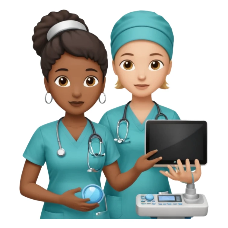 black female doctor and caucasian ultrasound technician without white coat performing a fetal ultrasound  sticker