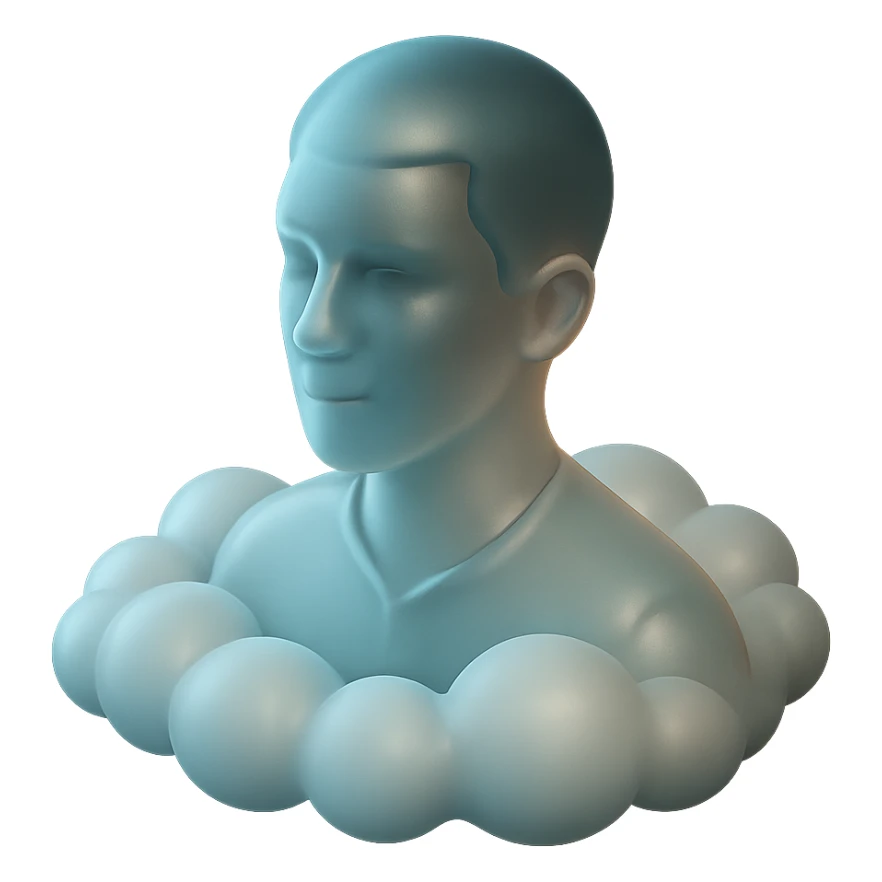 person looking straight, shoulders immersed in fluffy convex white clouds sticker