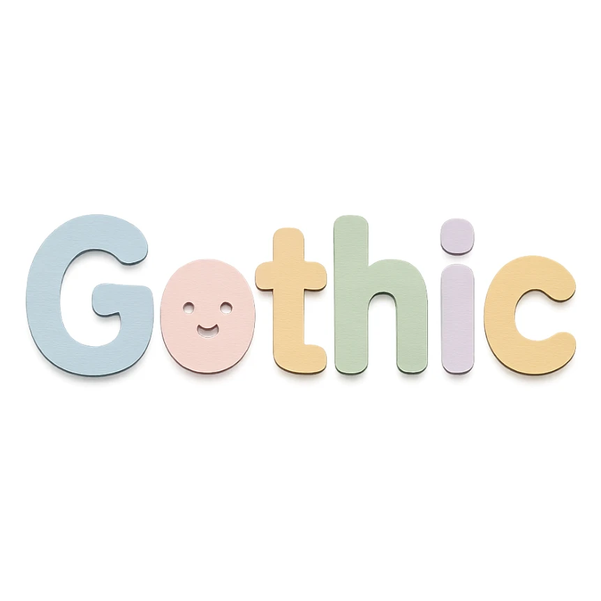 "Gothic" in soft pastel rainbow rounded sans-serif font, kawaii, no outline, 3D paper-craft effect sticker