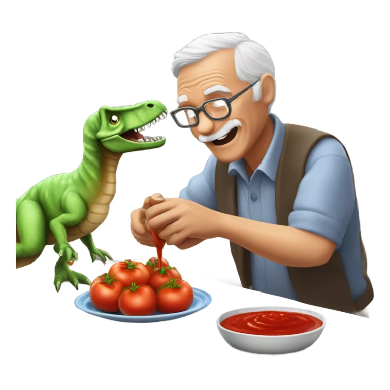 Old man drizzling tomato sauce over his pet dinosaur  sticker
