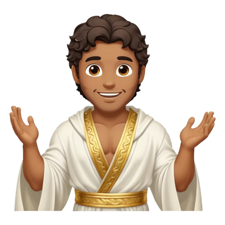 Cinematic Realistic Hercules Portrait, head tilted playfully and inquisitively, capturing the spirit of a timeless Greek hero with a warm, inviting smile. His bronze, marble-like skin and thick, wavy dark hair are rendered with classical precision, while his flowing white robe with delicate golden embellishments accentuates his muscular form. Soft natural light brings out the playful yet powerful essence of this legendary figure. sticker