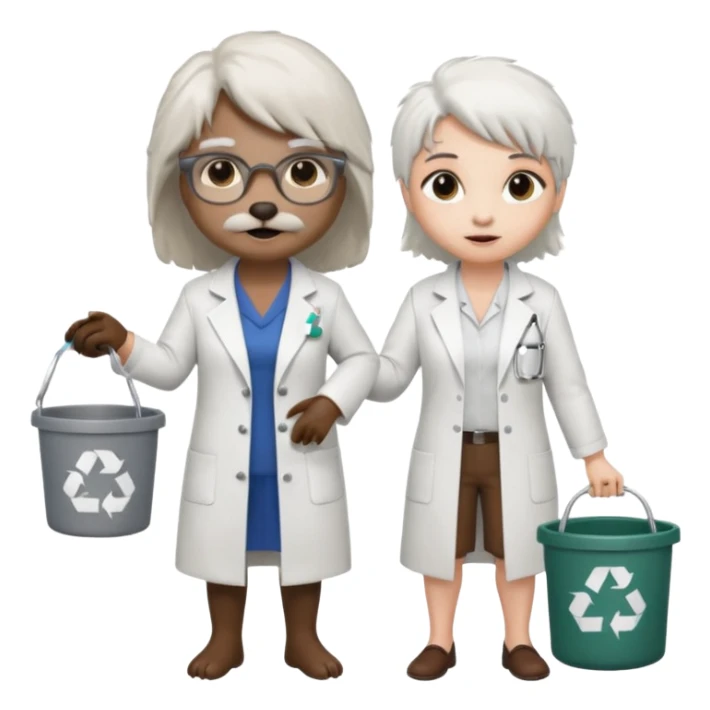 an woman otter picking up trash bins, next to a mad scientist sticker