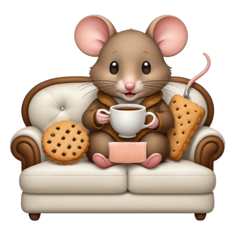 mouse on a white couch eating a biscuit with a hot cup of tea on the side  sticker