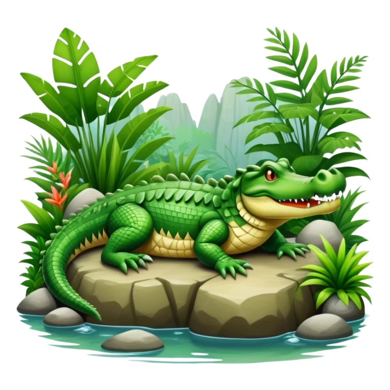 Crocodile resting, surrounded by rocks, water, and tropical plants. The green scales of the crocodile glisten under the light, with its sharp eyes focused ahead. The background features a naturalistic habitat with plants and water, giving it a lifelike feel. sticker