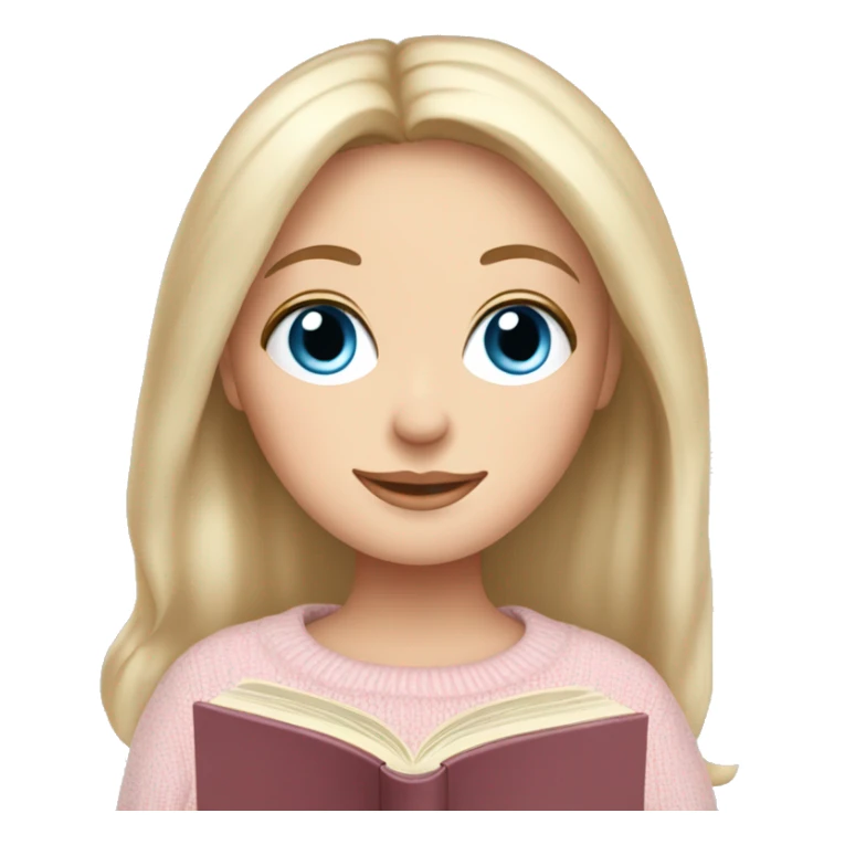 Pretty blue eyed white girl with light pink sweater reading cozy sticker