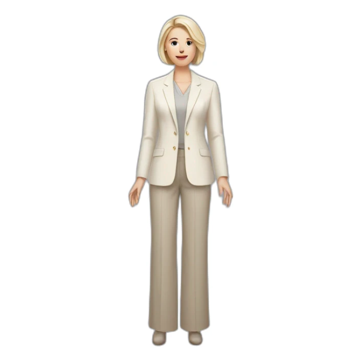 Full height Actively gesturing with hands pale skin woman with ash blonde Straightened bob Hair, White Spacious classical jacket, beige palazzo Arrow pants and gray blouse sticker