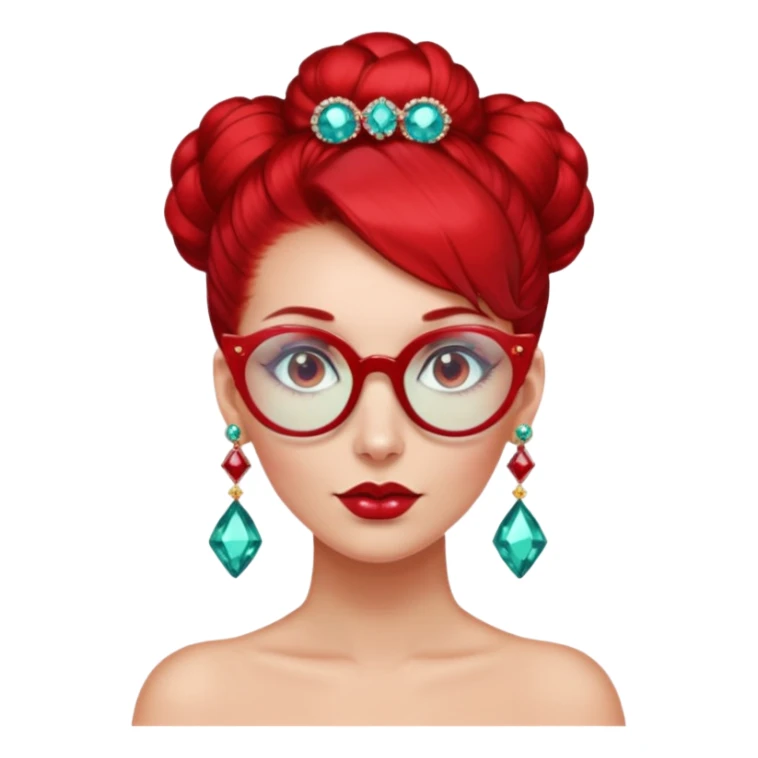 gem lover woman with gem accessories excessive amount gem glassess very big gem earrings red bun hair and red diamonds sticker