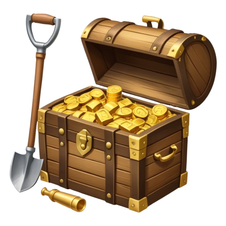 An icon showcasing a treasure chest filled with gold, a treasure map rolled up beside it, a backpack and shovel. The design captures the essence of treasure hunting, exploration, and excitement, set on a transparent background to emphasize the thrill of discovery. sticker