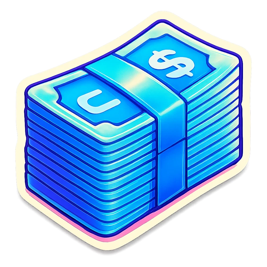 a massive bound stack of blue-and-white banknotes, bills,, 90s futuristic sticker