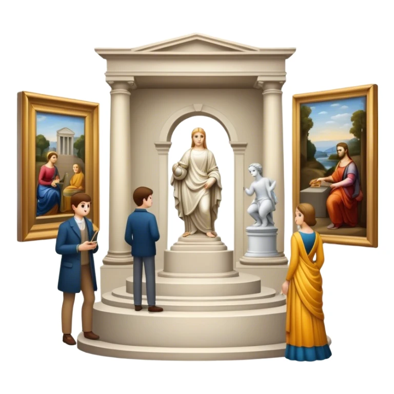 An icon featuring an elegant art gallery with classic paintings hanging on the walls, and sculptures displayed on pedestals. Visitors admire the exhibits, capturing the essence of culture, history, and art. Set against a transparent background. sticker