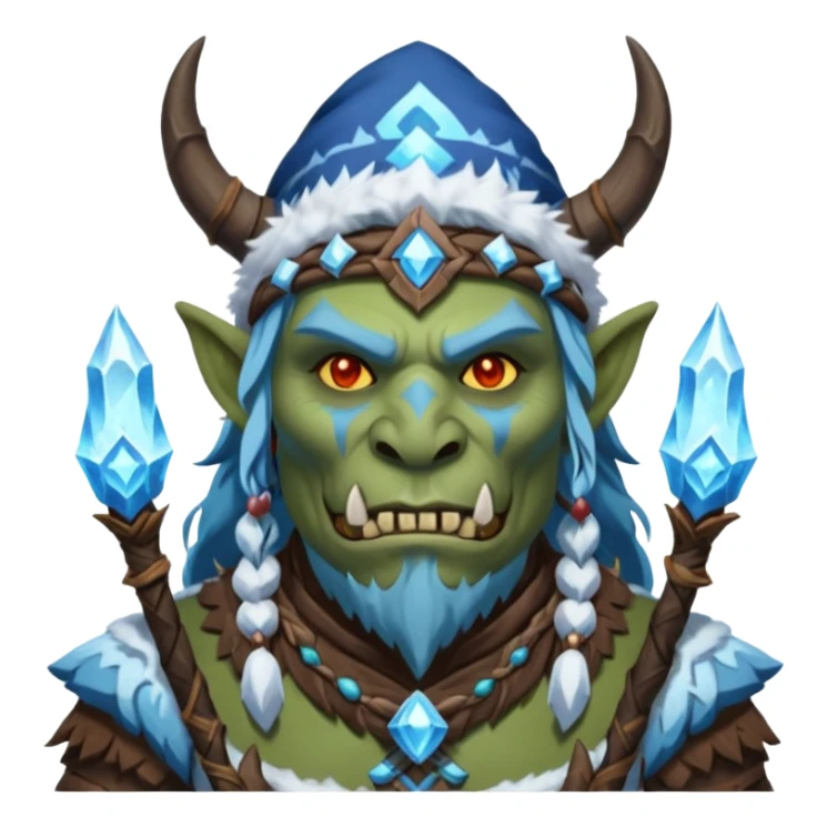 Fantasy Christmas orc shaman icon, ice spirit magic theme, glowing runes, winter tribal mask elements, mystical cold atmosphere, emoji sized portrait, male/female variant sticker