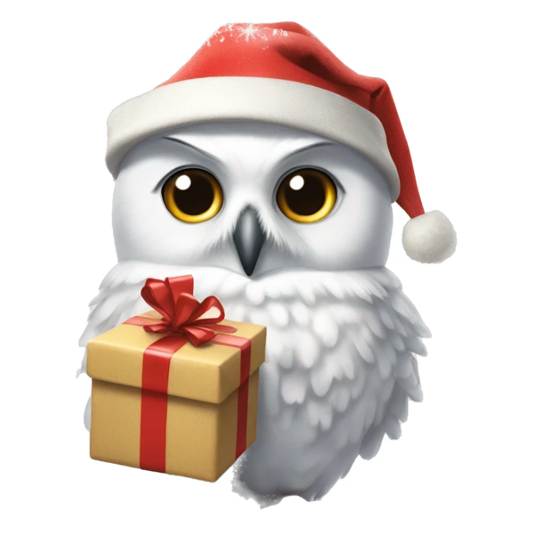 Hedwig the snowy owl, wearing a tiny Christmas hat, carrying a rolled-up letter tied with a festive ribbon in her beak sticker