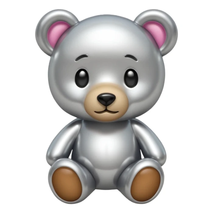 A cute teddy bear emoji made of liquid silver chrome, smooth rounded body, glossy metallic surface, soft reflections, friendly proportions, iOS emoji style, centered, clean white background sticker
